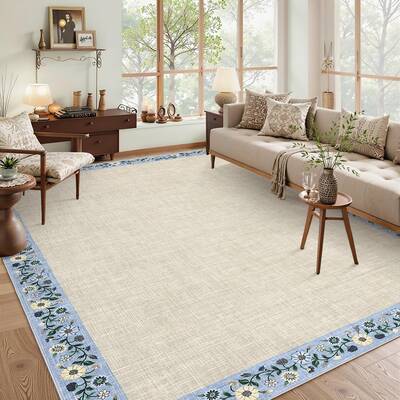 Garvee Bordered Beige 10x13 Machine Washable Floral Area Rug Low Pile Soft Faux Wool TPR Backing Non-Slip Lightweight Foldabl...