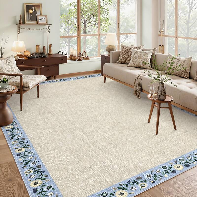 Garvee Bordered Beige 10x13 Machine Washable Floral Area Rug Low Pile Soft Faux Wool TPR Backing Non-Slip Lightweight Foldabl...