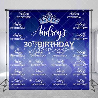 Custom Blue Glitter Crown Repeat Birthday Backdrop - Aperturee
