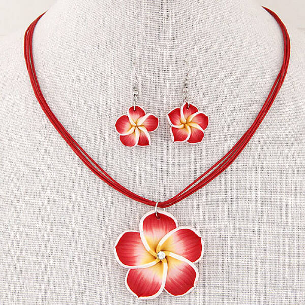Flower Polymer Clay with Wax Cord Pendant Necklaces & Dangle Earrings Sets