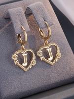 Fashionable Love Heart & Flower Charms Design Dangle Earrings, Elegant Minimalist Classic Style Earrings, Letter Design Heart...