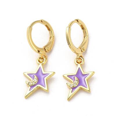 Star & Moon Real 18K Gold Plated Brass Dangle Leverback Earrings