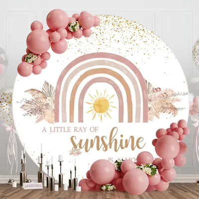 Rainbow Sun Leaves Gold Round Baby Shower Backdrop - Aperturee