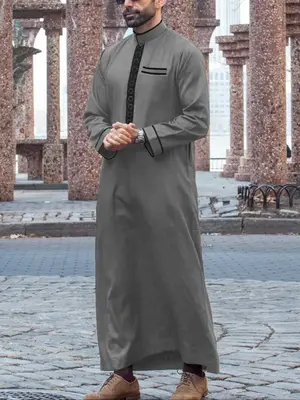 Men's Ethnic Pattern Embroidery Long Sleeve Thobe, Regular Fit Muslim Casual Mock Neck Long Robe for Daily Wear, Men's Islami...