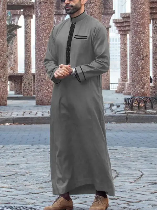 Men's Ethnic Pattern Embroidery Long Sleeve Thobe, Regular Fit Muslim Casual Mock Neck Long Robe for Daily Wear, Men's Islami...