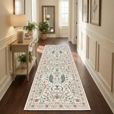 Garvee Floral Runner Rug 2x6 Washable Peacock Print Soft Non-Slip Low Pile Thin Carpet Beige for Hallway Kitchen Nursery