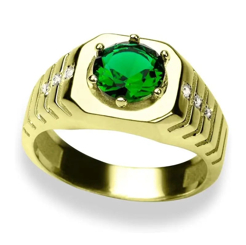 10K Gold Round Cut Emerald & 6 Diamond Accents Wedding Band for Men