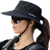 Chic Women's Ponytail Safari Sun Hat - Wide Brim UV Protection Outdoor Bucket Hat for Beach, Summer, Fishing - Foldable, Adju...