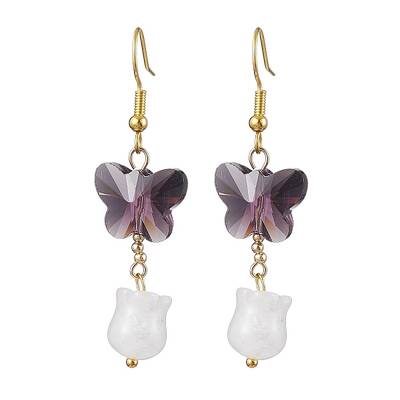 Butterfly Transparent Glass with Natural White Jade Dangle Earrings