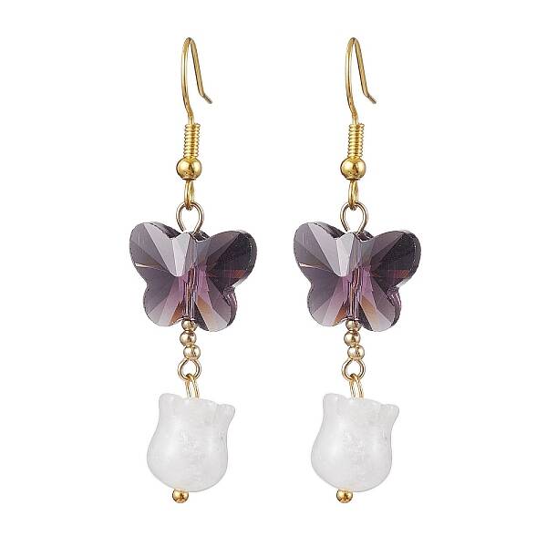 Butterfly Transparent Glass with Natural White Jade Dangle Earrings