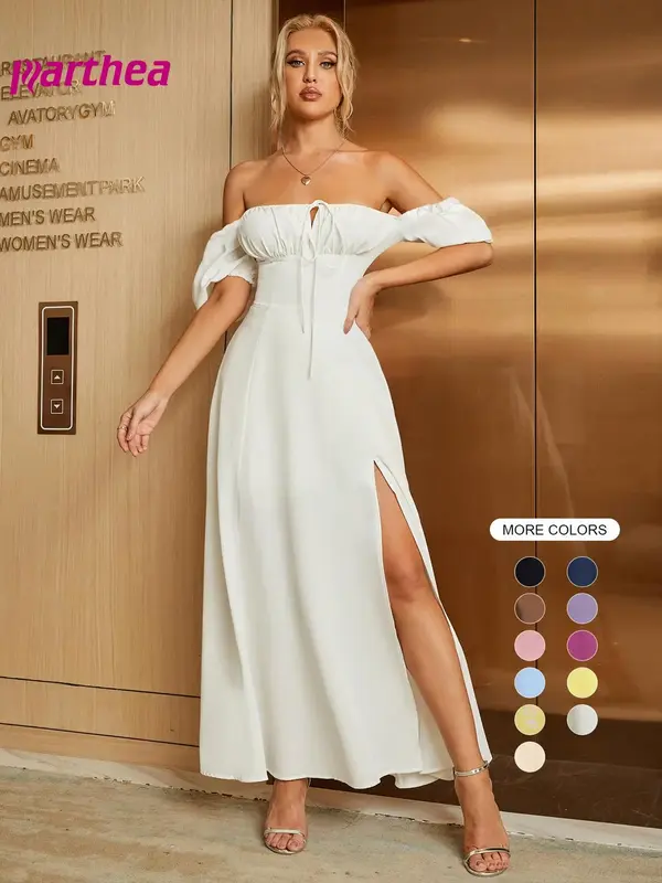 Women's Off The Shoulder Ruched Tie Front Split Thigh Dress, Elegant Puff Sleeve A Line Long Dress for Party Holiday Dating W...