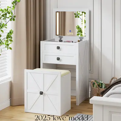 Miu Farmhouse 3 in 1 Vanity with Mirror, 3-Color Adjustable Lighting, Cushioned Stool for Bedroom Organization & Beauty Routi...