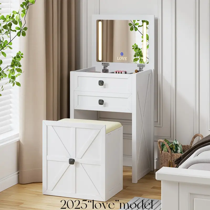 Miu Farmhouse 3 in 1 Vanity with Mirror, 3-Color Adjustable Lighting, Cushioned Stool for Bedroom Organization & Beauty Routi...