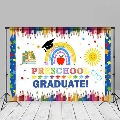 Crayons Rainbow Sun Stars Preschool Grad Photo Backdrop - Aperturee