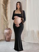 Maternity Solid Cut Out Backless Dress, Long Sleeve Square Neck Maxi Dress for Photoshoot Baby Shower Party, Maternity Clothe...