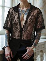 Men's Floral Lace Sheer Shirt, Casual Short Sleeve Collared Top for Party Holiday Vacation, Fashion Men's Clothes for Summer,...