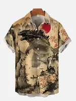 Japanese Traditional Drawings Godzilla Hawaiian Shirt, Vintage Retro Casual Aloha Tops Shortsleeve Menswear, Stylish Summer V...