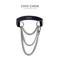 CHICCHOK [Classic Breathless] Black Genuine Leather Choker Necklace with Movable Thick Chains Perfect for Daily Wear or Night...