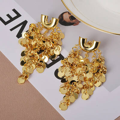 Glitter Brass Tassel Glossy Flakes Stud Earrings