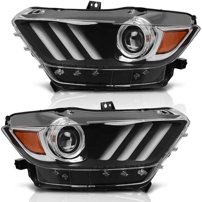 YITAMOTOR® 2015-2020 Ford Mustang Headlight Assembly Black Housing with Amber Reflector Clear Lens
