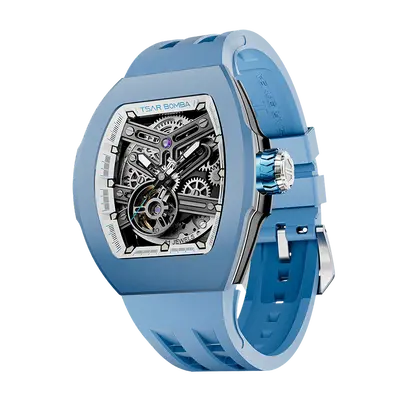 TSAR BOMBA Men's Automatic Skeleton Watch | Interchangeable Luxury Design | Light Blue | Atomic TB8218 | Fluororubber