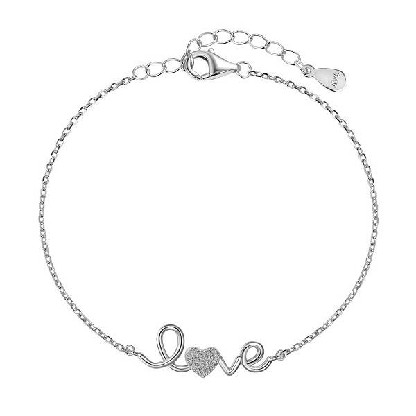 Word LOVE Rhodium Plated 925 Sterling Silver Micro Pave Cubic Zirconia Link Bracelets for Women