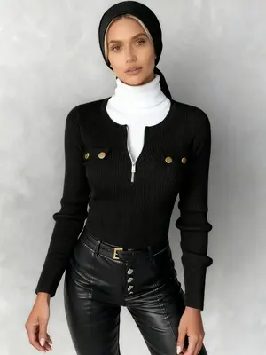 Women's Knit Sweater with Zipper Design, Slim Fit, Sexy High Fashion, Autumn Winter New Arrival, Ladies Casual Wear