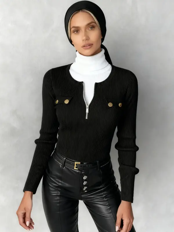 Women's Knit Sweater with Zipper Design, Slim Fit, Sexy High Fashion, Autumn Winter New Arrival, Ladies Casual Wear