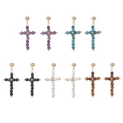 Natural Mixed Gemstone Beaded Cross Dangle Stud Earrings