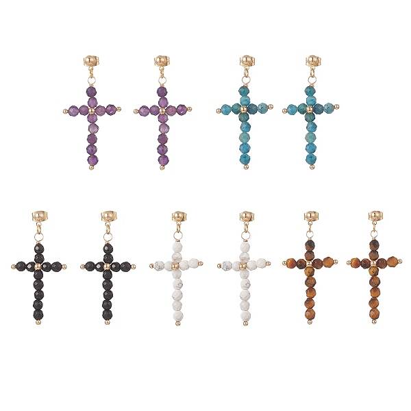 Natural Mixed Gemstone Beaded Cross Dangle Stud Earrings