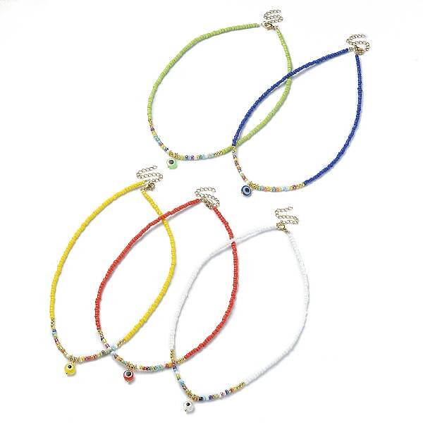 Resin Evil Eye Pendant Necklace with Glass Seed Beaded Chains