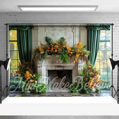 Greenery Retro Floral Fireplace Cake Smash Backdrop - Aperturee