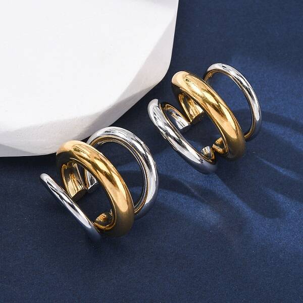 Triple C-Shaped 304 Stainless Steel Two Tone Cuff Earrings
