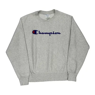 Reverse Weave Champion Spellout Sweatshirt - Medium Grey Cotton Blend | Size: medium