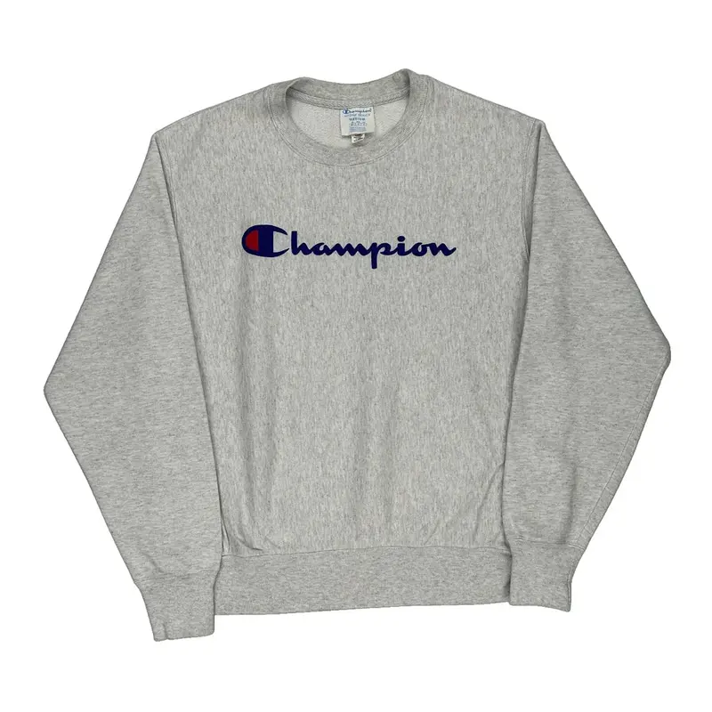 Reverse Weave Champion Spellout Sweatshirt - Medium Grey Cotton Blend | Size: medium