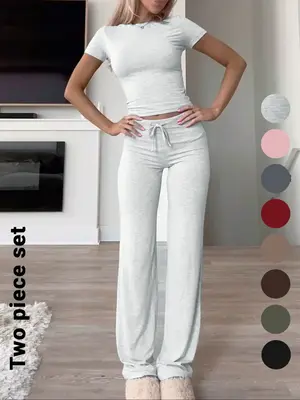 Women's Solid Short Sleeve Two-piece Set, Casual Round Neck Crop Tee & Drawstring High Waist Trousers for Daily Wear, Ladies ...