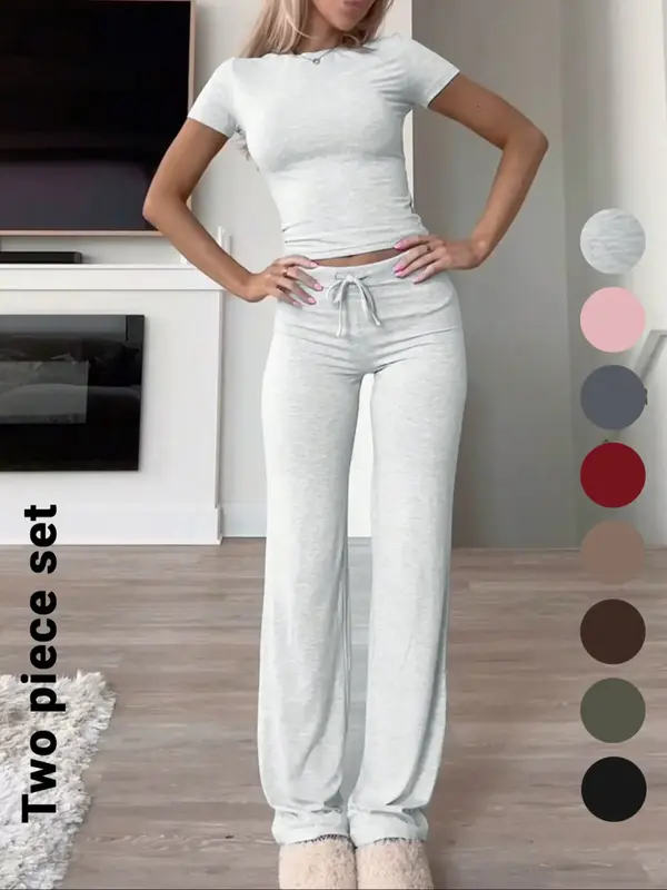 Women's Solid Short Sleeve Two-piece Set, Casual Round Neck Crop Tee & Drawstring High Waist Trousers for Daily Wear, Ladies ...