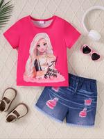 Two-piece Set Girl's Cartoon Girl Print Tee & Denim-effect Print Shorts Set without Shoes, Casual Round Neck Short Sleeve T-s...