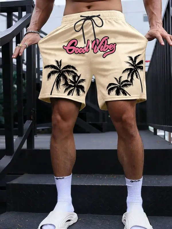 LGBTQ+ Men's Coconut Tree & Letter Print Drawstring Shorts, Loose Casual Street Pocket Elastic Waist Shorts for Summer, Fas...