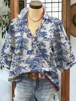Women's Plant & Bird Print V Neck Blouse, Boho Casual Short Sleeve Top for Summer, Women's Clothing for Daily Wear, Going Out...