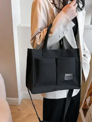 Women's Spring Plain Color Large Capacity Tote Bag, Casual Trendy Multi-pocket Design Shoulder Bag, Fashion Crossbody Bag for...