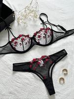 Women's Floral Embroidery Sheer Sexy Lingerie Set, Girly Clothes, Adjustable Strap Bow Decor Underwire Bra & Thong, Soft Comf...