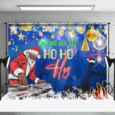 Aperturee Black Santa Disco Calling All You Ho Ho Hos Backdrop | Xmas Backdrop | Christmas Backgrounds Fireplace | Christmas ...