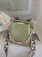 Fashion Chain Decorated Bucket Bag for Women, Solid Fall Crossbody Bag with Silk Scarf for Summer, Minimalist Wide Strap Lu...