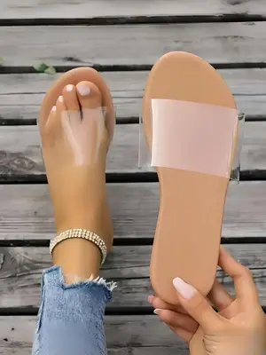 Women's Simple Plain Transparent Band Slip on Slide Sandals, Apricot Casual Comfortable Non-slip Sandals for Summer, Lightwei...