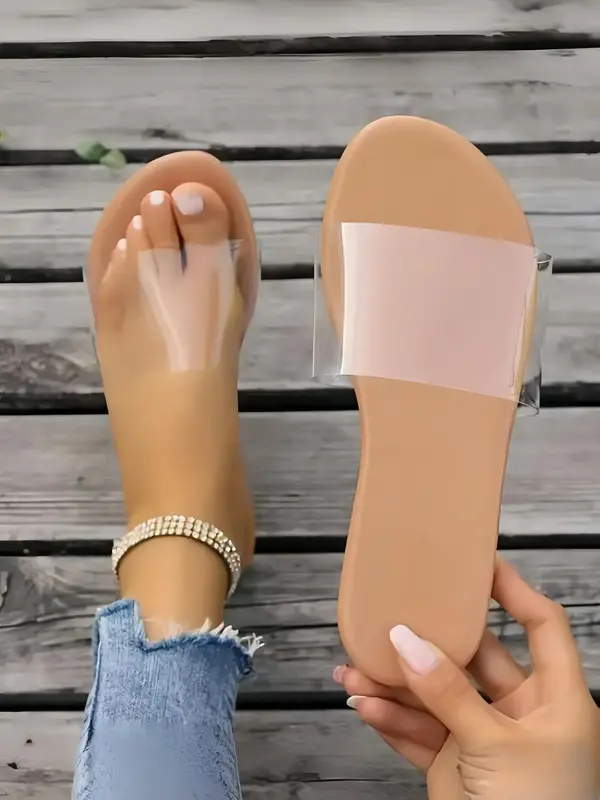 Women's Simple Plain Transparent Band Slip on Slide Sandals, Apricot Casual Comfortable Non-slip Sandals for Summer, Lightwei...