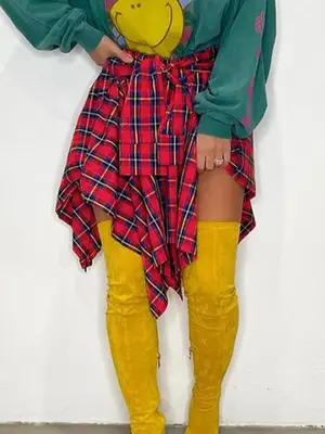 Women's Plaid Print Knot Front Skirt, Fashion Casual Asymmetrical Hem Knee Length Skirt for Daily Outdoor Wear, Women's Botto...