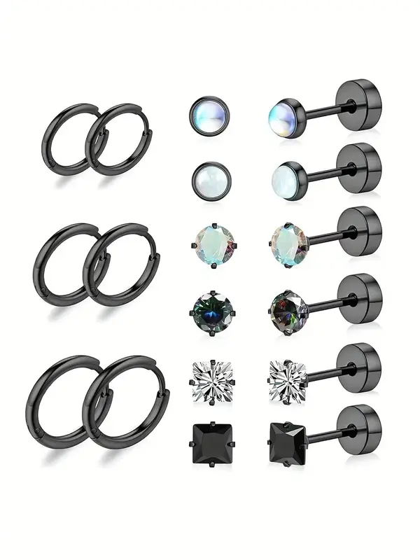 Fashionable Stainless Steel Earrings Set, 9 Pairs Rhinestone Decor Stud Earrings & Hoop Earrings for Women & Men, Trendy All-...
