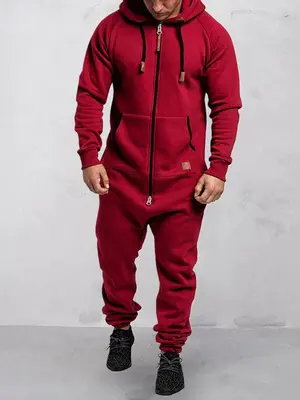 Hooded Fleece Solid Color Jumpsuit, Wine Red / M