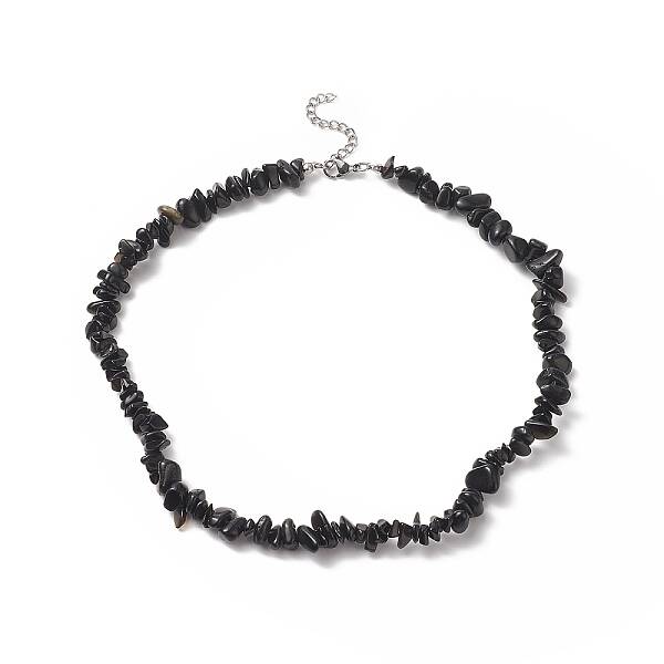 Natural Obsidian Chip Beaded Necklaces with 304 Stainless Steel Lobster Claw Clasp & Chain Extender